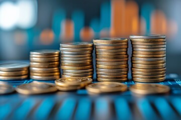 Stacks of Coins Positioned in Front of Financial Market Graphs During Trading Day