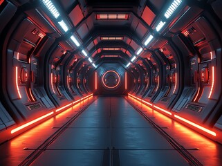 Exploring Futuristic Interior Spaceship Corridor with Neon Lighting and Glossy Floor