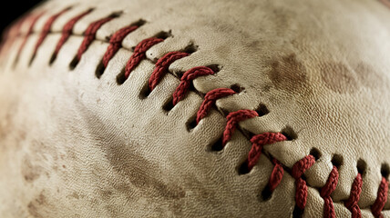 Close-up of beige leather baseball texture, showing stitching detail.  Represents aged, classic sports equipment, conveying themes of nostalgia and athleticism.