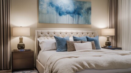 Chic bedroom design in soft beige and blue, showcasing a plush bedspread, abstract art, and sleek lighting.