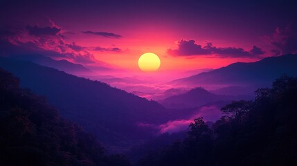 Vibrant sunset over misty mountain range