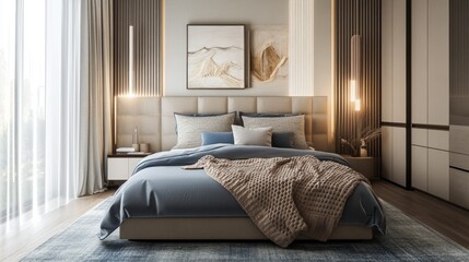 Cozy modern bedroom with soft beige and blue tones, a textured bedspread, and elegant sculptural accents.