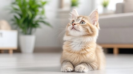 Adorable kitten resting on a light floor, looking upward.  A fluffy, light orange kitten with big, curious eyes is lying down on a light-colored floor, looking upward. 