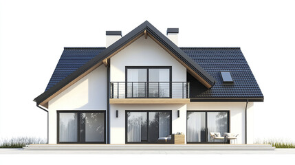 Modern residential house with blue roof and large windows on white background