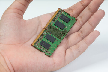 People holding DDR 4 Random Access Memory or RAM module, isolated on white background