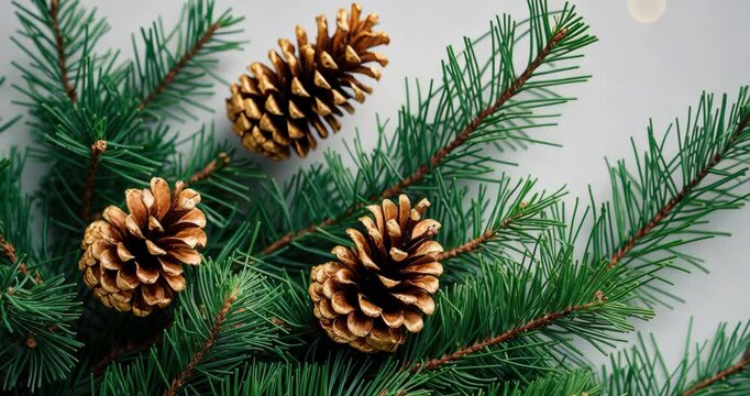 Christmas tree branch and golden cones set against white transparency, green fir pine sprig