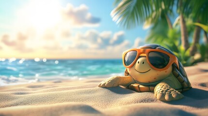 Obraz premium Cute Cartoon Turtle Wearing Sunglasses on a Beach