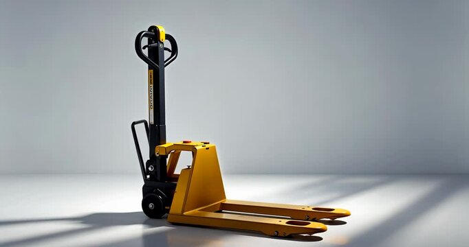 A studio image of a vacant fork pallet truck stacker set against a white backdrop.