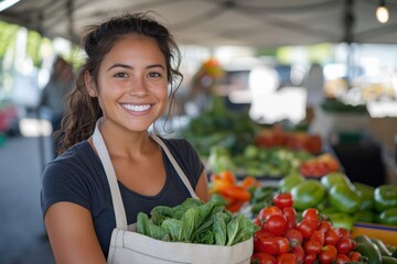 A joyful young woman smiles while holding a basket of fresh produce, encapsulating the essence of healthy living and community engagement in a vibrant market setting.