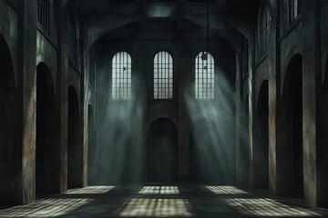 Grand, Empty Industrial Hallway. Sunlight Streams Through High Windows