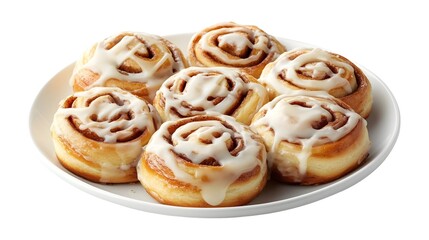 A plate of freshly baked cinnamon rolls topped with sweet white icing. Soft, golden brown pastries with swirls of cinnamon sugar, perfect for breakfast or dessert.