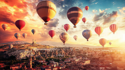 Naklejka premium Hot air balloons floating over scenic landscape at sunrise