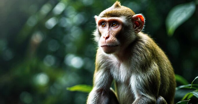 Close-up of a monkey gazing ahead. Monkey positioned against a backdrop.