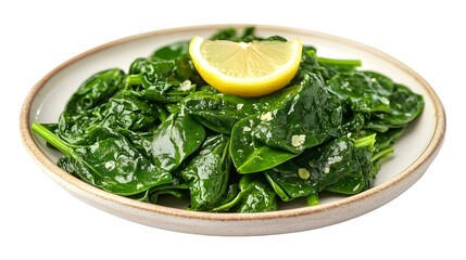 Obraz premium Freshly cooked spinach leaves glistening with oil and sprinkled with salt flakes, served with a slice of lemon on a ceramic plate.