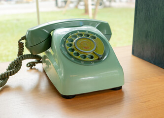 Retro green telephone with garden background. After edits.