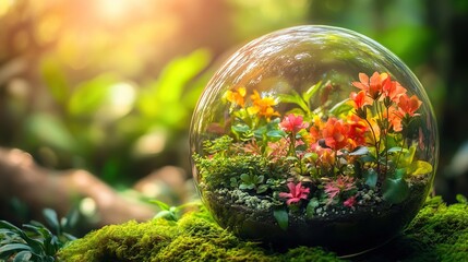 Vibrant Globe Terrarium with Lush Greenery and Flowers, Celebrating Earth Day and Eco-Friendly Living
