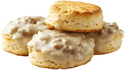 Fluffy golden biscuits topped with creamy sausage gravy, showing a rich and savory southern-style breakfast on a white background.