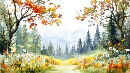Serene Autumnal Mountain Landscape Watercolor Painting Featuring Wildflowers and Trees