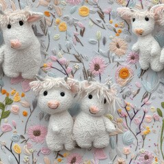 Whimsical Soft White Sheep Plush Toys Surrounded by Colorful Floral Embroidery on Blue Fabric Background