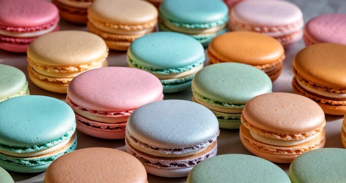 Close-up of vibrant macarons dessert in pastel shades.