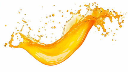 A vivid splash of orange liquid forming a dynamic wave shape, with droplets scattering on a white background. Captures motion, freshness, and energy.