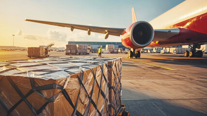 Cargo plane loading goods at busy airport terminal