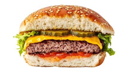 Cheeseburger sliced in half showing juicy beef patty, melted cheddar cheese, pickles, lettuce, ketchup, and sesame bun in detailed layers.