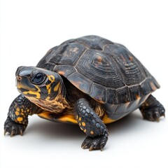 Fototapeta premium A small, dark-shelled tortoise with yellow markings, in profile view, against a white background.