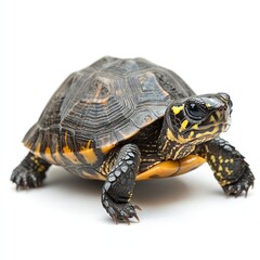 Fototapeta premium A small turtle, dark brown and yellow patterned shell, in profile view, isolated on white background.