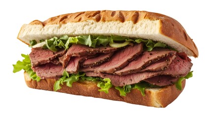 Roast beef sandwich with thick slices of seasoned meat, fresh lettuce, and soft bread. Served on a white background.