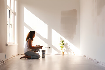 Photo of a Young Woman Painting a Wall White with a Roller - 2.jpg