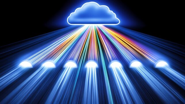 Glowing cloud transmitting data down to multiple connected terminals