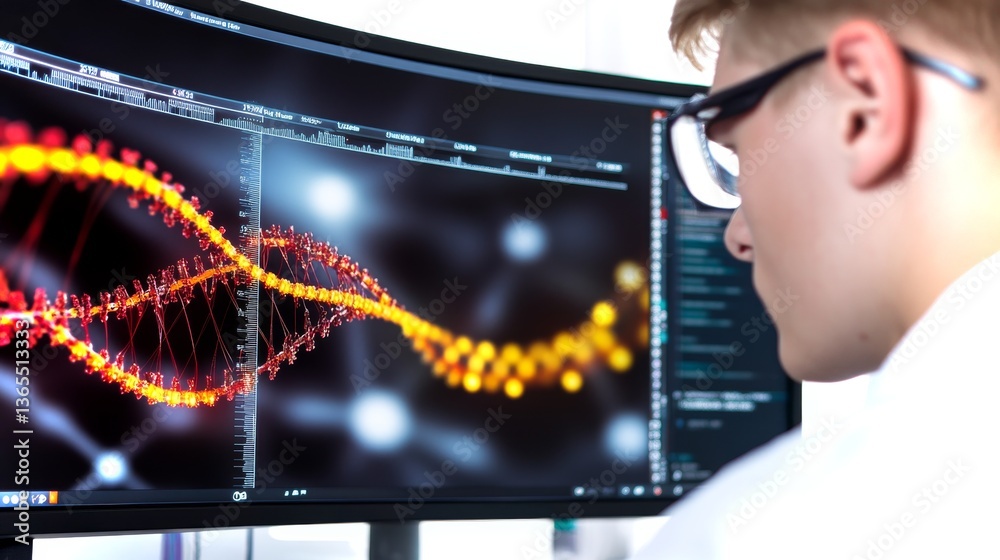 Poster young male computational biologist analyzes dna patterns using advanced technology in a lab setting