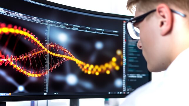 Young male computational biologist analyzes DNA patterns using advanced technology in a lab setting