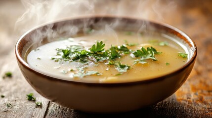 A steaming bowl of hot soup, garnished with fresh herbs, sits on a wooden table.