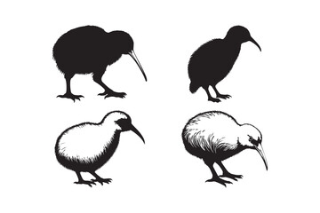 Kiwi Bird Silhouette Set Vector Illustration