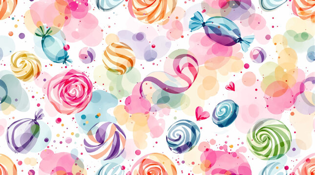 Colorful candy circles illustrated in a seamless watercolor pattern perfect for festive designs or playful backgrounds