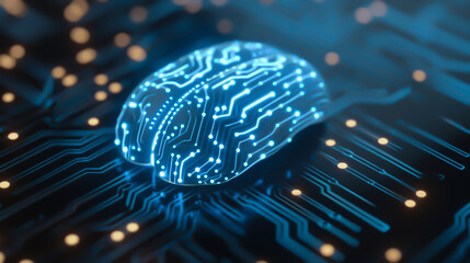 Artificial intelligence concept with glowing blue brain on microchip
