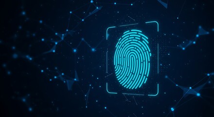 Glowing fingerprint scan with digital network background in shades of blue and black colorspace