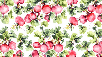 Seamless watercolor beet and leafy green vegetable pattern on white background, ideal for organic food and kitchen themed designs