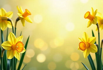 Obraz premium Vivid narcissus flowers burst with cheer, their bright yellow petals illuminated by a warm, golden bokeh background. Soft sunlight filters through, creating a tranquil ambiance in a serene garden. The