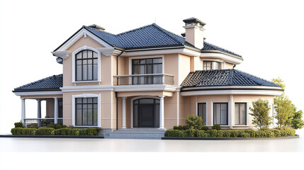 Elegant residential house with blue roof and large windows