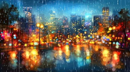 Obraz premium A vibrant, digital painting of a city street drenched in a rain shower, with colorful reflections on the wet pavement, and illuminated buildings at night.
