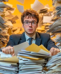 Frustrated office worker overwhelmed by stress, throwing papers in the air. Expressive face shows anger and burnout in a chaotic workplace moment of tension.