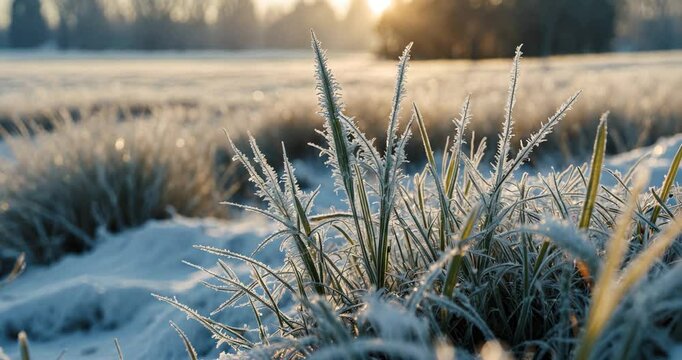 Close-up of ice on parched grass blades amidst deep frozen snow, bright cold scenery in the countryside. Nature's fragile beauty, winter dawn in an agricultural environment, glistening ice and