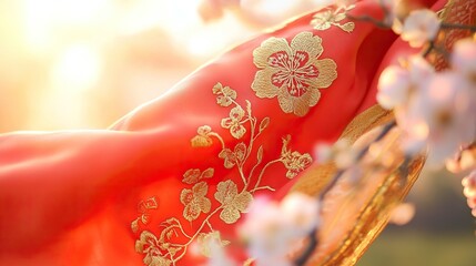 Red Scarf with Golden Embroidery on Cherry Blossom Branch, Symbolizing Youth and Renewal in Spring
