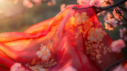 Red Scarf with Golden Embroidery on Cherry Blossom Branch, Symbolizing Youth and Renewal in Spring
