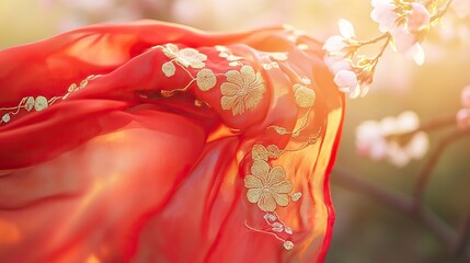 Red Scarf with Golden Embroidery on Cherry Blossom Branch, Symbolizing Youth and Renewal in Spring
