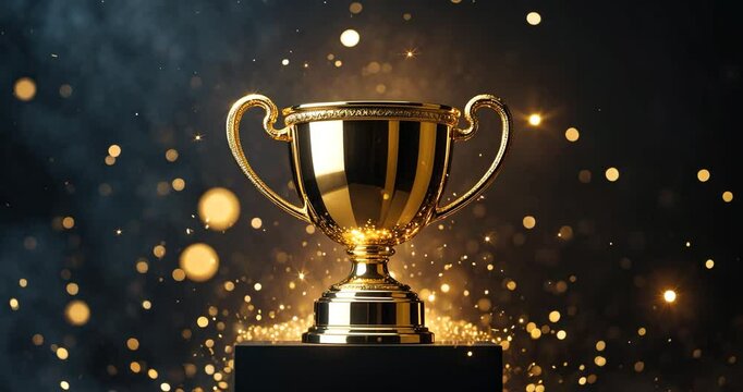 Champion golden trophy set against a black background. Idea of success and accomplishment.