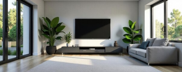 Modern gray & white home gym TV, equipment, plants , interior, design